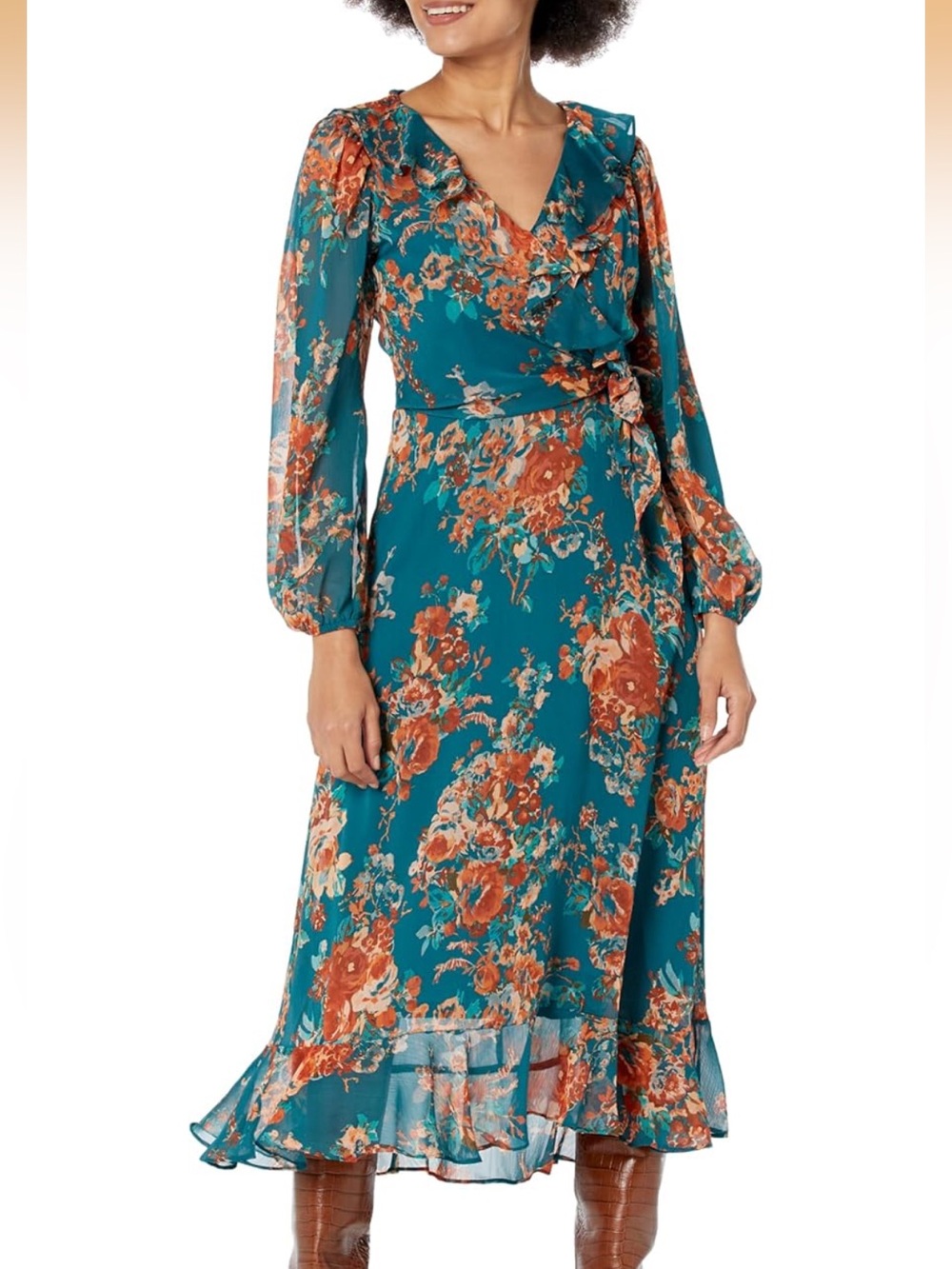 London Times Floral Teal Midi Wrap Dress - Teal & Rust  size 12